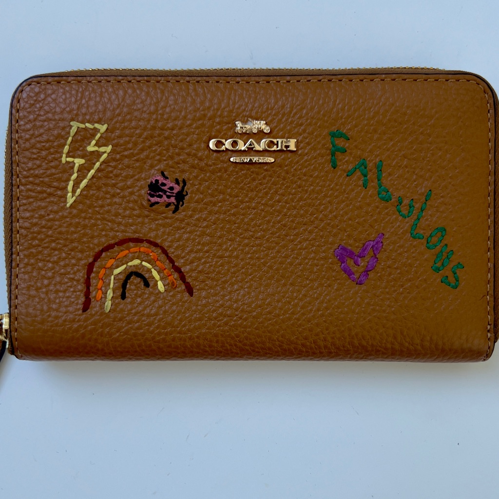 Coach Tan Leather Wallet With Colorful Embroidery